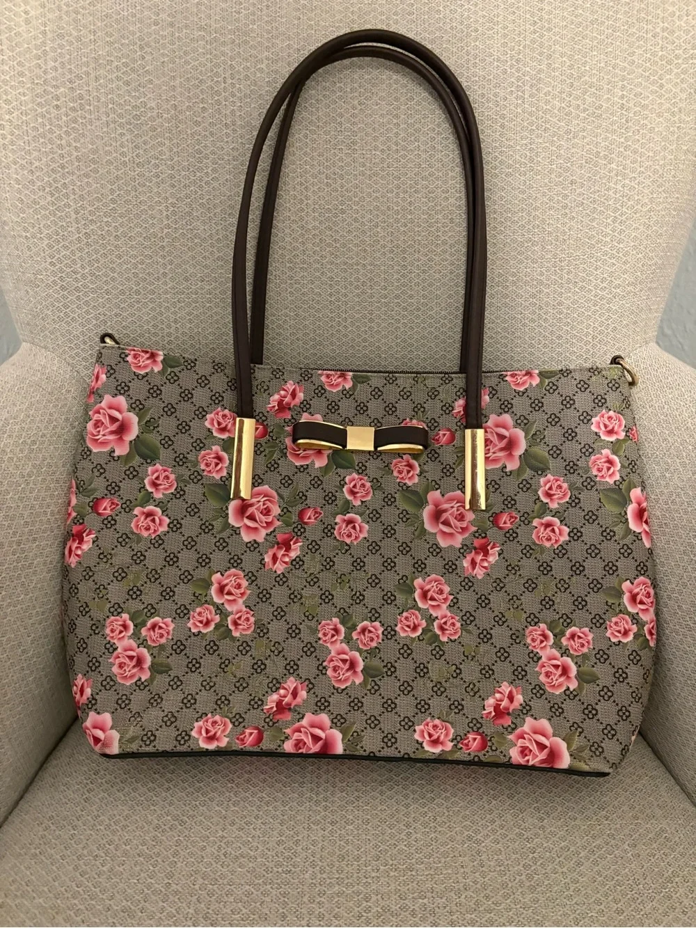2 Floral Print Tote Bags in Pink and Brown leather - Picture 2 of 13